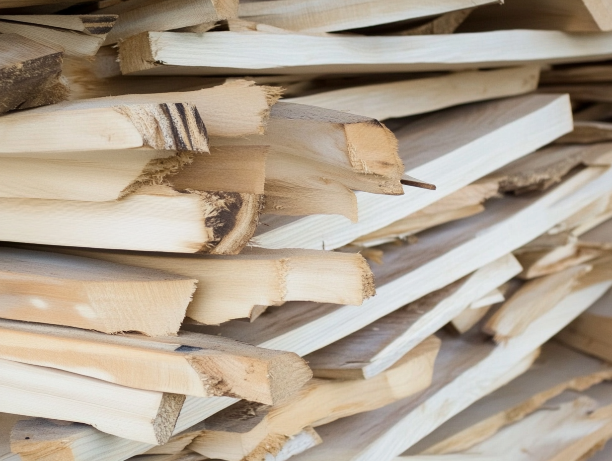 Nahaufnahme eines Stapels gespaltenen Pappelholzes mit rauen, ungleichmäßigen Kanten und natürlichen Holzmaserungen in verschiedenen Hellbraun- und Beigetönen.