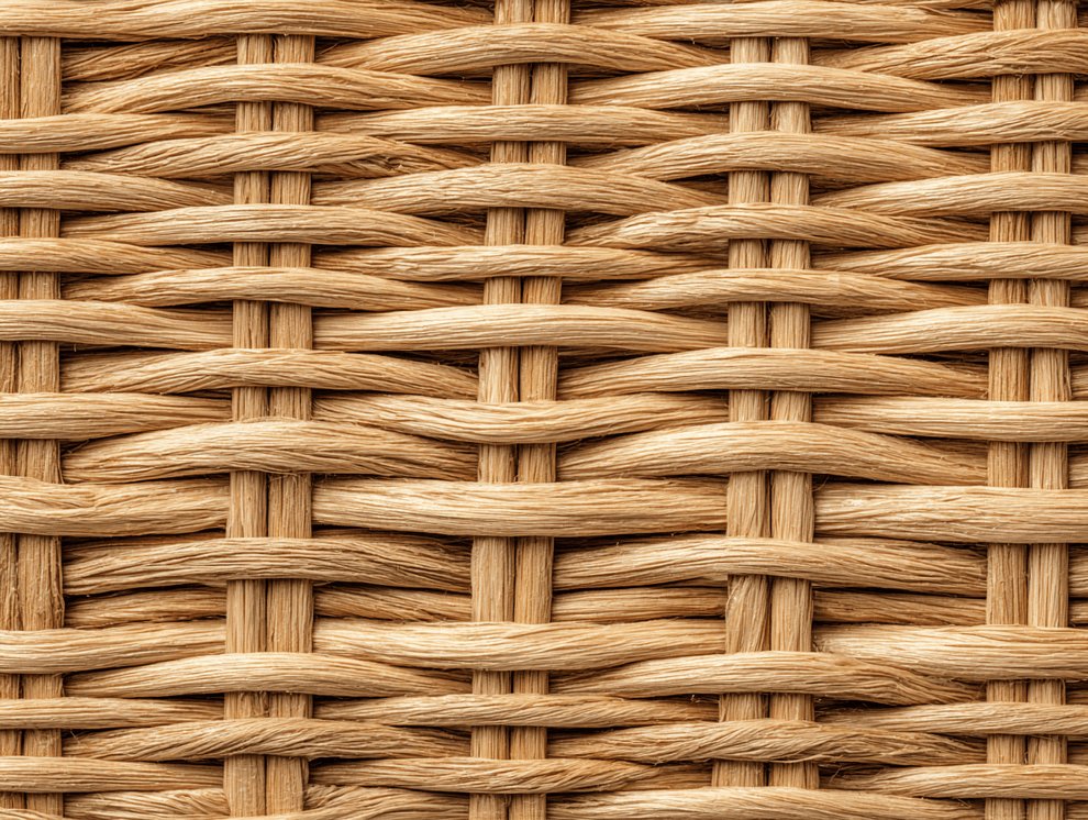 Nahaufnahme eines geflochtenen Korbs aus hellbraunen Rattanfasern, der ein kompliziertes Über-Unter-Flechtmuster mit sichtbarer Maserung und leichten Farbunterschieden im Material zeigt.