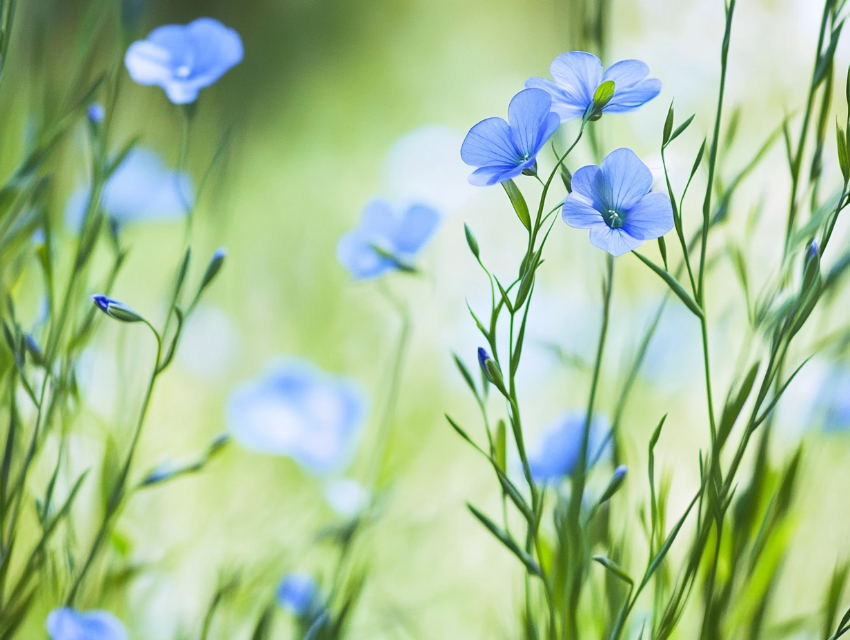 Zarte blaue Flachs-Blüten mit schlanken grünen Stängeln und Blättern, die sich sanft vor einem hellgrünen und blauen, verschwommenen Buchenholz-Hintergrund abzeichnen und an eine friedliche, natürliche Frühlings- oder Sommerszene erinnern.