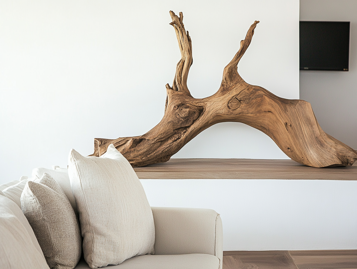 Ein moderner Wohnbereich mit einem hellbeigen Sofa und strukturierten Kissen, in dem ein großes, geschwungenes Stück Treibholz auf einem Nussbaumholzregal vor einer weißen Wand steht. An der Wand im Hintergrund ist ein kleiner Fernseher montiert.