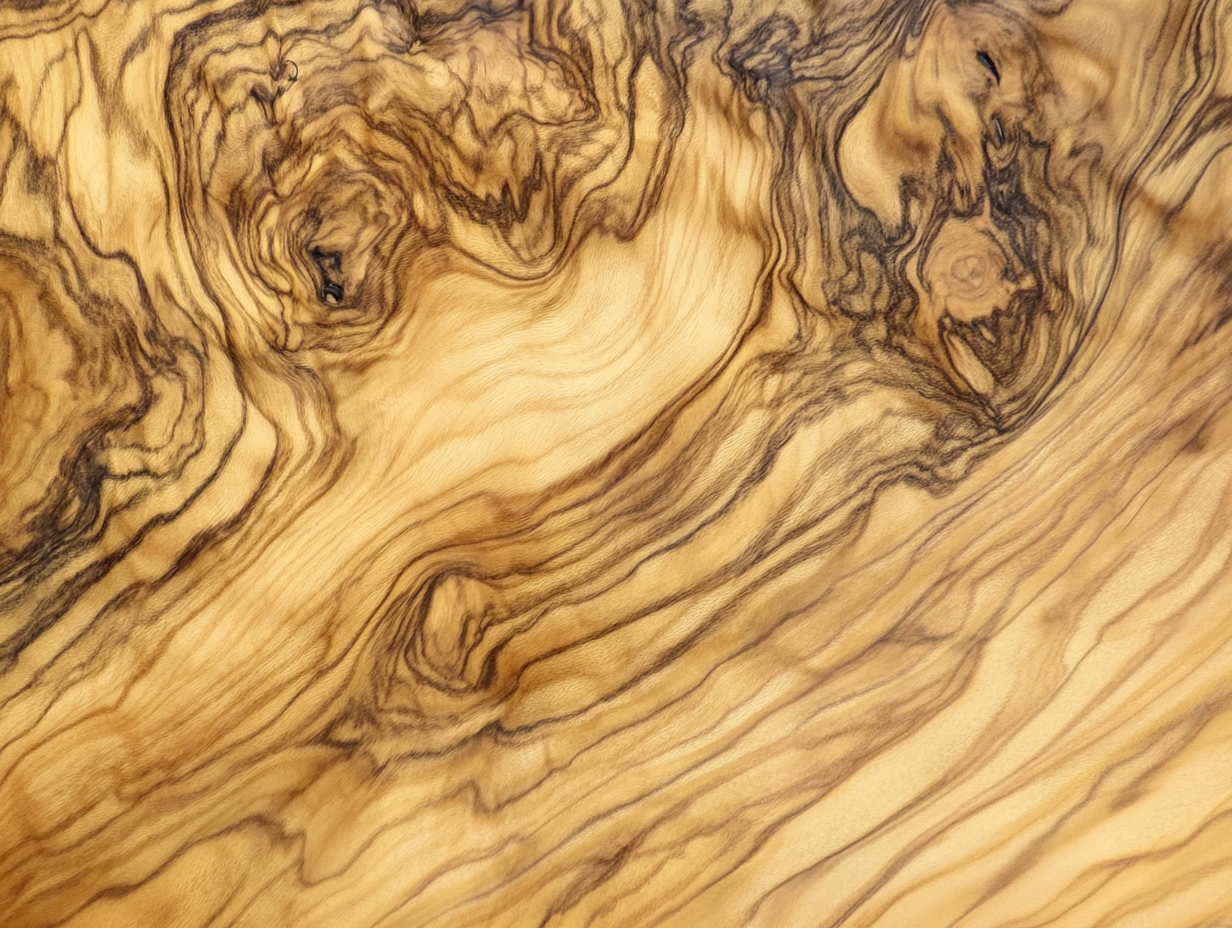 Nahaufnahme einer polierten Holzoberfläche aus Olivenholz vom Olivenbaum