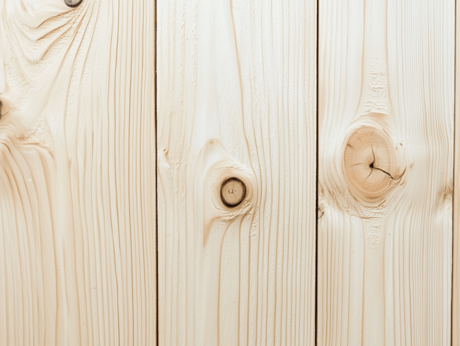 Nahaufnahme von drei vertikalen, hellen Pinienholzdielen mit sichtbaren natürlichen Holzmaserungen und Ästen. Die glatte Oberfläche weist unterschiedliche Schattierungen von Beige und Hellbraun auf.
