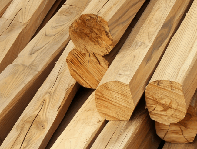 Eine Nahaufnahme von mehreren aufeinander gestapelten, grob geschnittenen Robinienholzstämmen, die die natürliche Maserung und die unebenen Oberflächen des Holzes verdeutlichen.