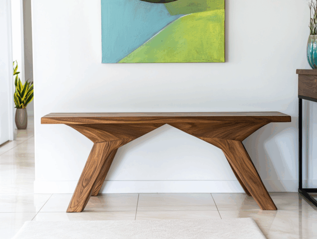 Eine moderne Teakholzbank mit kantigen Beinen steht vor einer weißen Wand unter einem bunten abstrakten Gemälde. In der Ecke steht eine Pflanze, und auf einem Tisch rechts ist ein Teil einer dekorativen Vase zu sehen.