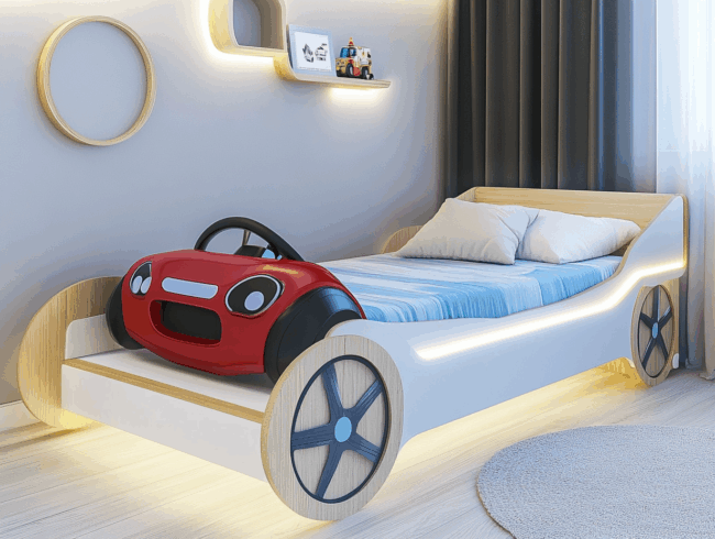 Ein verspieltes Kinderzimmer mit einem weißen Kinderbett in Form eines Autos mit Holzakzenten, blau gestreifter Bettwäsche, einem großen Spielzeugauto auf dem Bett und Regalen mit Spielzeug vor einer hellgrauen Wand.