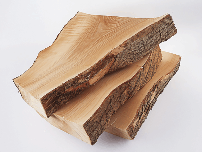 Zwei große, frisch geschnittene Stücke Erlenholz mit Rinde an den Kanten, übereinander gestapelt vor einem weißen Hintergrund. Die Maserung und Struktur des Holzes sind deutlich sichtbar.