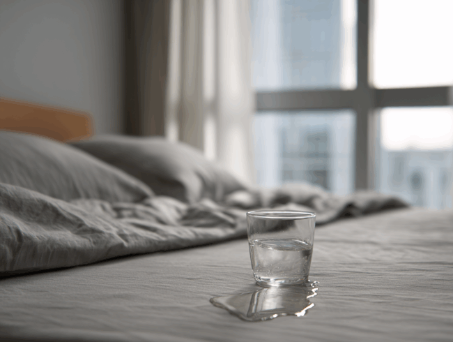 Ein klares Glas Wasser steht auf einem zerknitterten Bett mit grauen Laken, das auf das Bettzeug verschüttet wird - was die Notwendigkeit einer Feuchtigkeitsregulierung unterstreicht. Das Tageslicht aus einem großen Fenster erhellt sanft den gemütlichen Raum.