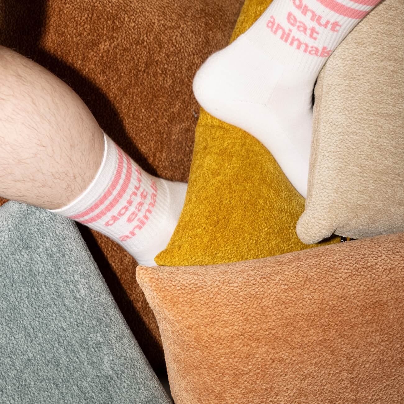 Eine Person, die weiße Socken mit rosa Streifen und der Aufschrift "Donut eat animals" trägt, legt ihre Beine auf strukturierten Kissen in Blau, Gelb, Beige und Braun ab.
