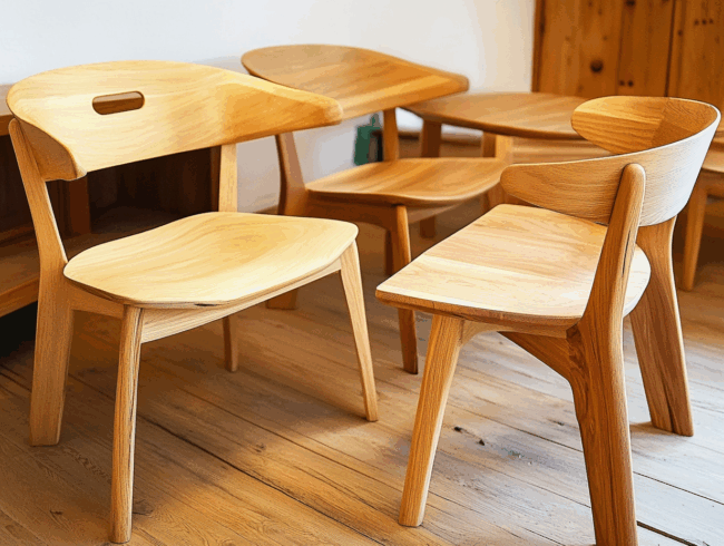 Vier moderne Holzstühle aus Buchenholz mit glatten, geschwungenen Rückenlehnen und hellem Holzdekor stehen auf einem Holzboden in einem hellen Raum mit Holzwänden.