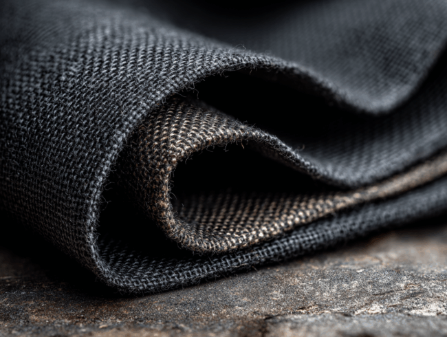 Nahaufnahme eines gefalteten Stücks dunklen, strukturierten Hanf-Stoffes mit feinen gewebten Fasern und weichen Kurven, der auf einer rauen, steinartigen Oberfläche liegt.