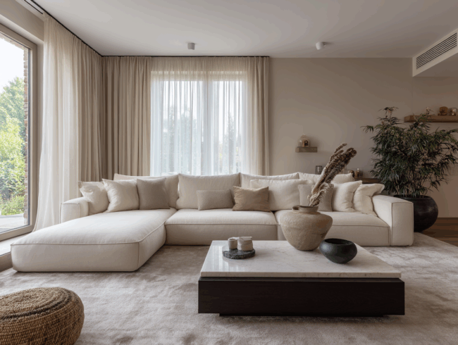 Ein modernes Wohnzimmer mit einem großen cremefarbenen, mit Kissen gefüllten Sektionssofa, einem niedrigen Couchtisch mit dekorativen Vasen, hellen Vorhängen an hohen Fenstern und einer gemütlichen Wendematratze, alles in beruhigenden Neutraltönen.