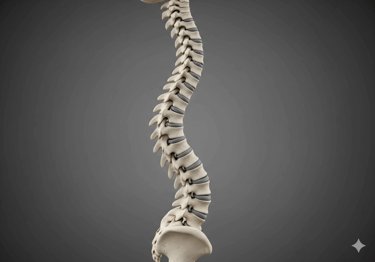 Ein 3D-gerendertes Bild einer menschlichen Wirbelsäule mit einer ausgeprägten Doppel-s-Form der Wirbelsäule, die eine Skoliose deutlich vor einem einfarbig grauen Hintergrund zeigt.