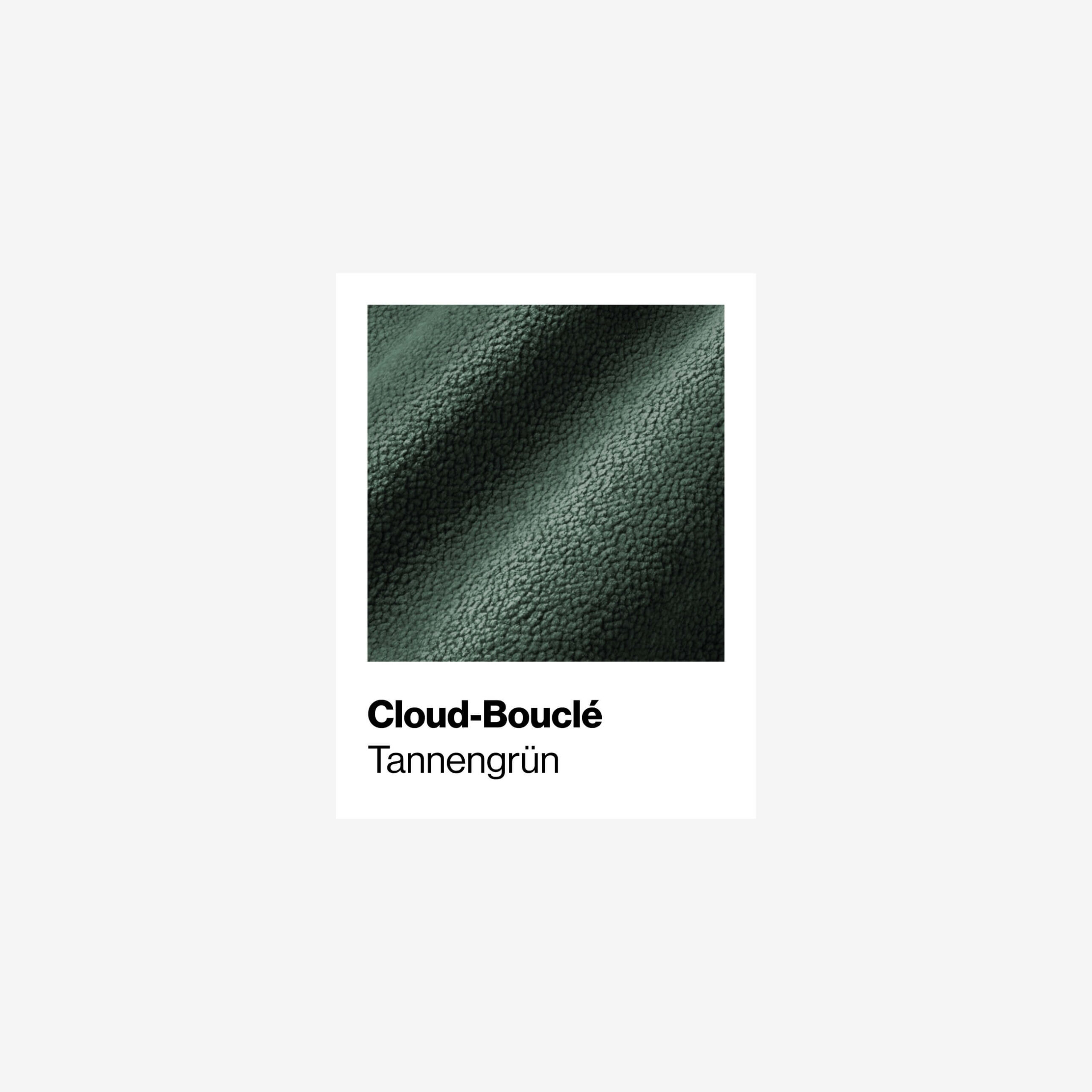 Nahaufnahme eines strukturierten, dunkelgrünen Bouclé-Stoffes mit der fettgedruckten Aufschrift Cloud-Bouclé und der darunter liegenden Aufschrift Tannengrün auf weißem Hintergrund.