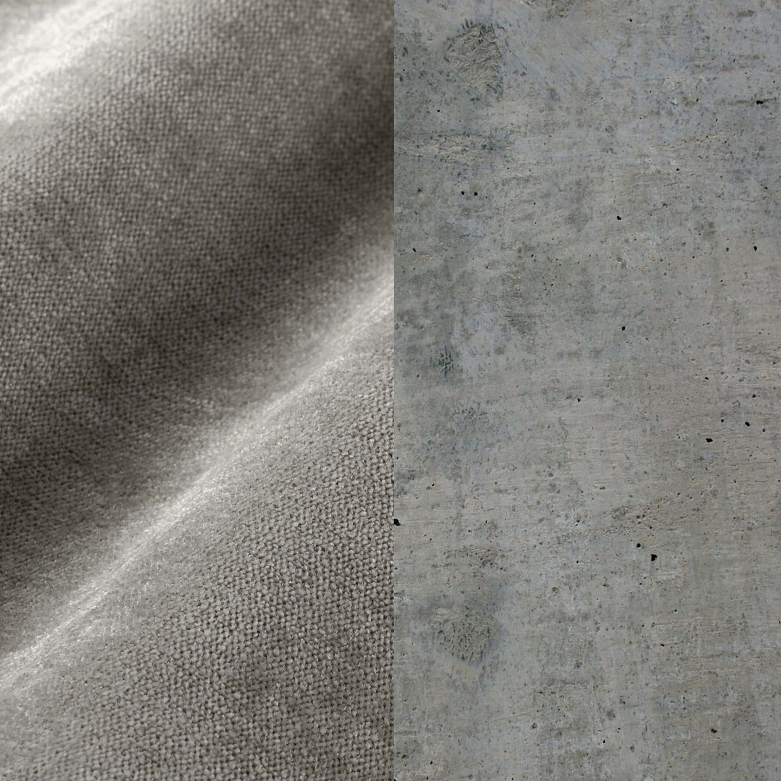 Ein Vergleich zweier Texturen nebeneinander: links ein weicher, gewebter grauer Stoff mit sichtbaren Fasern und leichten Falten, rechts eine glatte, gesprenkelte graue Betonoberfläche.