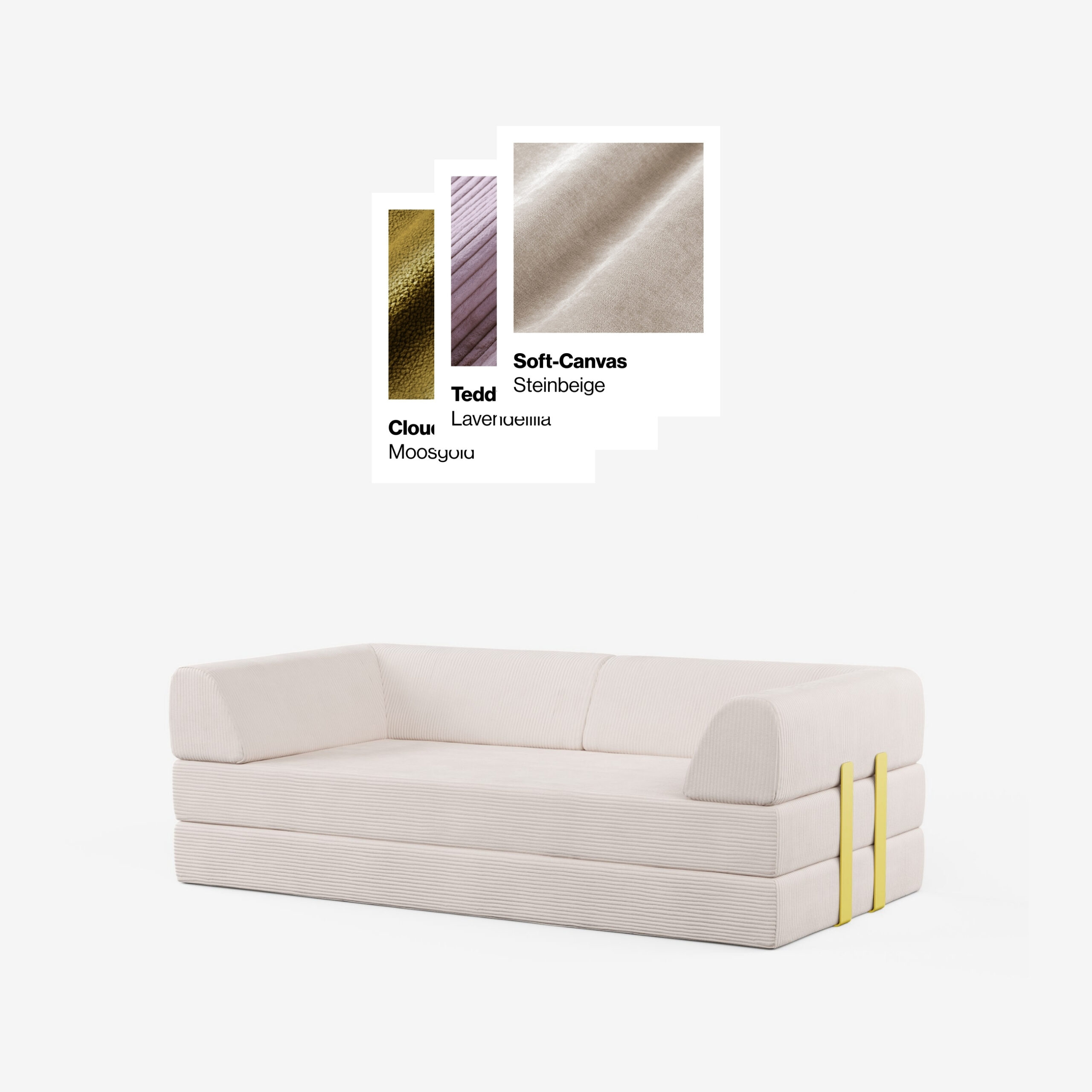 Ein minimalistisches, hellbeiges Modulsofa mit gelben Gurten ist ausgestellt. Darüber befinden sich Stoffmuster in Olivgrün, Lavendel und Beige mit den Bezeichnungen Cloud Moosgrün, Teddy Lavendel und Soft-Canvas Steinbeige.