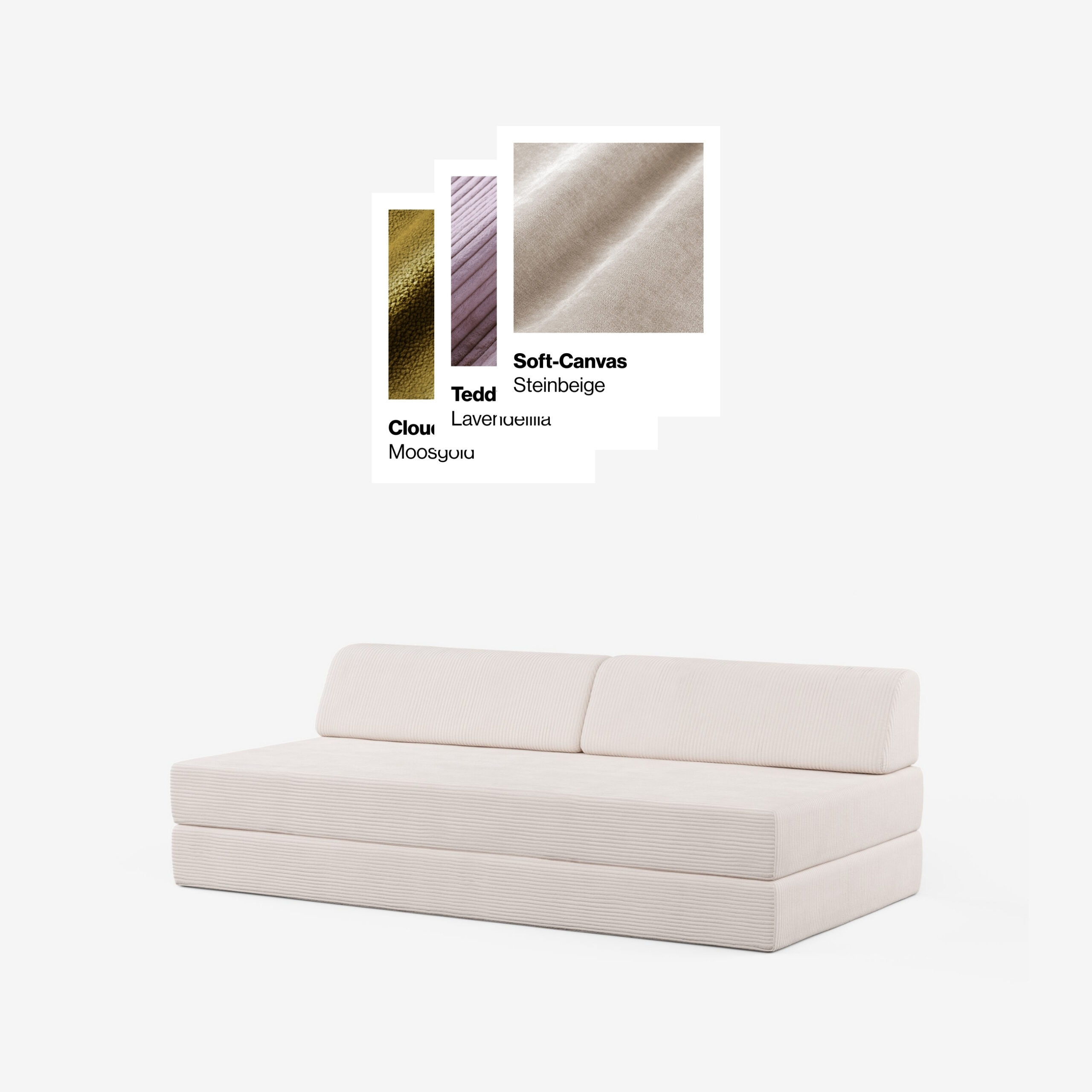 Ein minimalistisches beigefarbenes Sofa ist mit drei Stoffmustern darüber abgebildet, die beschriftet sind: Clou Moosgrun (grün), Tedd Lavendelha (lavendel) und Soft-Canvas Steinbeige (beige).