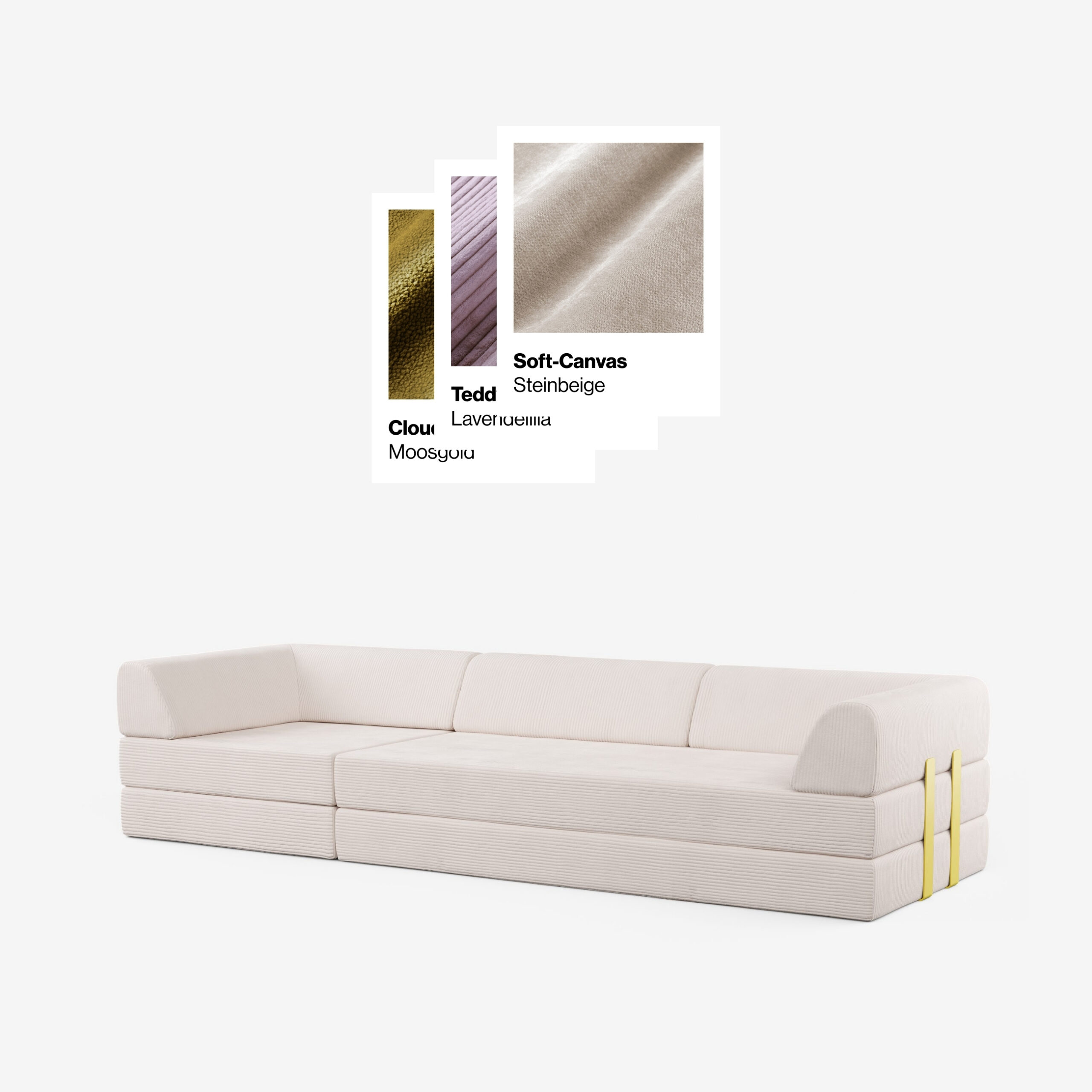 Ein modernes, beiges Sektionssofa mit gelben Gurten an der Seite. Über dem Sofa befinden sich Stoffmuster mit den Bezeichnungen Cloud Moosgrün, Teddy Lavendelbraun und Soft-Canvas Steinbeige.