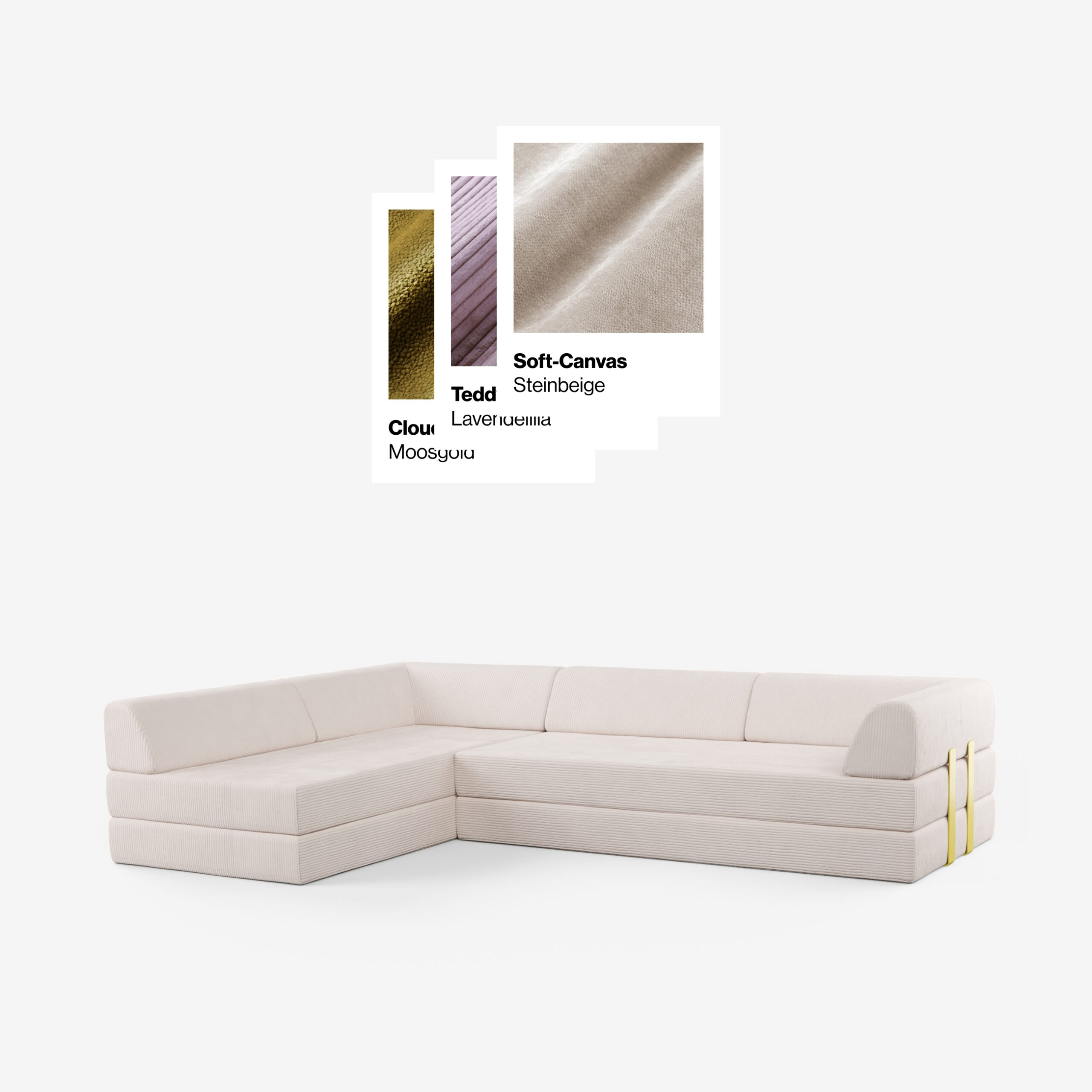 Ein modernes, L-förmiges cremefarbenes Sektionssofa mit drei Stoffmustern darüber, die mit Cloud Moosgruu, Teddy Lavende und Soft-Canvas Steinbeige beschriftet sind und verschiedene Polstervarianten zeigen.