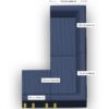 Draufsicht auf ein L-förmiges blaues Sofa mit beschrifteten Abmessungen: 100 cm (Seite B), 140 cm (Seite B), 140 cm (Seite A), 100 cm (Seite B) und 80 cm (Seite A). Drei gelbe Rechtecke markieren die untere Seite.