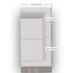 Draufsicht auf ein helles L-förmiges Sofa, dessen beide Seiten mit 100 cm (Seite A) und 100 cm (Seite B) beschriftet sind, wobei die Länge jeder Seite durch Maßlinien angegeben ist.