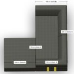 Draufsicht auf ein dunkelgraues L-förmiges Sofa mit beschrifteten Abmessungen: 200 cm und 100 cm auf Seite A und 100 cm auf Seite B. Die Beschriftungen geben die Maße der einzelnen Segmente in Zentimetern an.