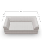 Draufsicht auf ein hellgraues, L-förmiges Sofa mit Armlehnen an beiden Seiten und am Rücken. Die Abmessungen sind wie folgt angegeben: 200 cm breit (A) und 100 cm tief (B) auf jeder Seite.