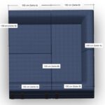 Draufsicht auf ein blaues Sektionssofa mit beschrifteten Maßen: 200 cm und 100 cm an den Seiten A, 100 cm an den Seitenteilen B und ein 100 cm mal 100 cm großes Sitzteil in der Mitte. Die Beschriftung ist auf Deutsch.