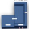 Draufsicht auf ein L-förmiges blaues Sofa mit beschrifteten Abmessungen: 200 cm (Seite A), 100 cm (Seite A) und drei Abschnitte bei 100 cm (Seite B). Unten rechts erscheinen zwei rosa Rechtecke.