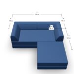 Ein blaues L-förmiges Sektionssofa mit beschrifteten Maßen: 200 cm Länge, 100 cm Breite für jedes Teil und 100 cm Tiefe auf beiden Seiten.