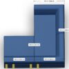 Draufsicht auf ein blaues L-förmiges Sofa mit beschrifteten Maßen: 200 cm und 100 cm für Seite A und 100 cm für jedes Segment von Seite B. Drei gelbe Rechtecke befinden sich an der vorderen Unterkante.