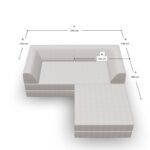Draufsicht auf ein L-förmiges Sofa mit beschrifteten Maßen: Der längere Teil ist 200 cm mal 100 cm groß, und der kürzere Teil reicht 100 cm nach außen und bildet so die L-Form.