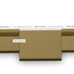 Draufsicht auf ein braunes modulares Sofa mit beschrifteten Maßen: 200 cm (Mittelteil), 140 cm und 100 cm (linke Teile) und 140 cm und 100 cm (rechte Teile). Die Abschnitte sind mit Seite A und Seite B beschriftet.