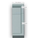 Draufsicht auf ein hellgraues Sektionssofa mit beschrifteten Maßen: 100 cm (Seite A) Breite, 88 cm (Seite B) Tiefe auf einer Seite und 200 cm (Seite A) Länge. Die Beschriftung ist auf Deutsch.