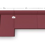 Draufsicht auf ein rotes L-förmiges Sofa mit den Maßen: 260 cm x 160 cm über alles, Sitztiefe 108 cm, kurze Seitenbreite 148 cm und Rückenlehnenhöhe 100 cm.