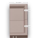 Draufsicht auf ein rechteckiges gepolstertes Objekt mit beschrifteten Abmessungen: 140 cm (Seite A) Länge und 130 cm (Seiten A und B) Breite. Die Oberfläche ist halbiert und scheint gepolstert zu sein, in einer neutralen beigen Farbe.