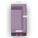 Draufsicht auf ein lavendelfarbenes L-förmiges Sofa mit beschrifteten Maßen: 180 cm (Seite A) und 90 cm (Seite B) für beide Seiten, wobei die längere Seite rechts und die kürzeren Seiten oben und unten liegen.