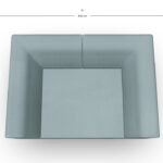 Draufsicht auf einen hellblauen quadratischen Sessel mit offener Vorderseite und den Maßen 140 cm Breite und 100 cm Tiefe. Die Abmessungen sind auf dem Bild angegeben.