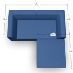 Draufsicht auf ein L-förmiges blaues Sofa mit angegebenen Maßen: die längere Seite ist 200 cm lang, alle anderen Seiten sind jeweils 100 cm lang. Die Maße sind der Übersichtlichkeit halber entlang der Sofakanten angegeben.