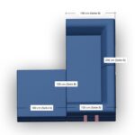 Draufsicht auf ein L-förmiges blaues Sofa mit beschrifteten Abmessungen: 200 cm (Seite A), 100 cm (Seite B) für den längeren Teil, und 100 cm (Seite A), 100 cm (Seite B) für den kürzeren Teil.