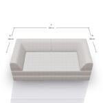 Draufsicht auf ein helles, modernes Sofa mit den angegebenen Maßen: 200 cm Breite (A) und 100 cm Tiefe (B) auf jeder Seite, mit Spiegelung auf der weißen Fläche darunter.