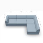 Hellblaues L-förmiges Sektionssofa mit Rückenlehnen an zwei Seiten. Jede Seite des Sofas misst 300 cm in der Länge, mit einzelnen Segmenten von je 100 cm, wie durch beschriftete Maße angegeben.