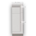 Draufsicht auf ein helles Sofa mit beschrifteten Maßen: 100 cm (Seite A) Breite, 88 cm (Seite B) Tiefe und 200 cm (Seite A) Länge. Die Maße sind mit Linien und Text markiert.
