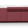 Draufsicht auf ein modulares kastanienbraunes Sofa mit drei quadratischen Teilen, die jeweils 100 cm auf jeder Seite messen. Das Sofa bildet eine L-Form mit Armlehnen an der rechten und oberen Seite. Die Maßetiketten sind sichtbar.