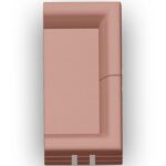 Draufsicht auf ein modernes, rechteckiges, rosa gepolstertes Sofa mit abgewinkelten Armlehnen und Metallbeinen vor weißem Hintergrund.