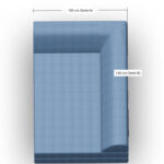 Draufsicht auf ein L-förmiges blaues Sofa, bei dem die Seite A 100 cm und die Seite B 140 cm misst; beide Maße sind in Zentimetern angegeben.