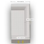 Draufsicht auf ein hellgraues L-förmiges Sofa mit beschrifteten Abmessungen: 200 cm (Seite A) und 100 cm (Seite B). Das Sofa hat zwei hervorgehobene Bereiche an der Unterseite, die möglicherweise Beine oder Verbindungsstücke darstellen.