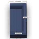 Draufsicht auf ein blaues rechteckiges Sofa mit markierten Abmessungen: 200 cm (Seite A) und 100 cm (Seite B) sowohl in der Breite als auch in der Länge, in deutscher Sprache beschriftet.