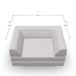 Draufsicht auf ein hellgraues, quadratisches Sofa mit drei Rückenlehnen. Die Maße sind markiert: 140 cm an der Oberseite (A) und 100 cm an den beiden Seiten (B).