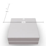 Eine quadratische Matratze wird von oben gezeigt, wobei beschriftete Pfeile ihre Länge und Breite von jeweils 100 cm angeben. Die Matratze erscheint hellgrau und ist auf weißem Hintergrund dargestellt.