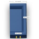 Draufsicht auf ein blaues rechteckiges Objekt mit beschrifteten Seiten: zwei Seiten mit der Bezeichnung 100 cm (Seite B) und eine lange Seite mit der Bezeichnung 200 cm (Seite A). An einem kurzen Ende befinden sich zwei kleine gelbe Rechtecke.
